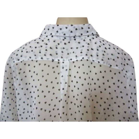 White Montego Size 14 Long Sleeve Button-Up Blouse With Black Heart Pattern - Picture 6 of 7